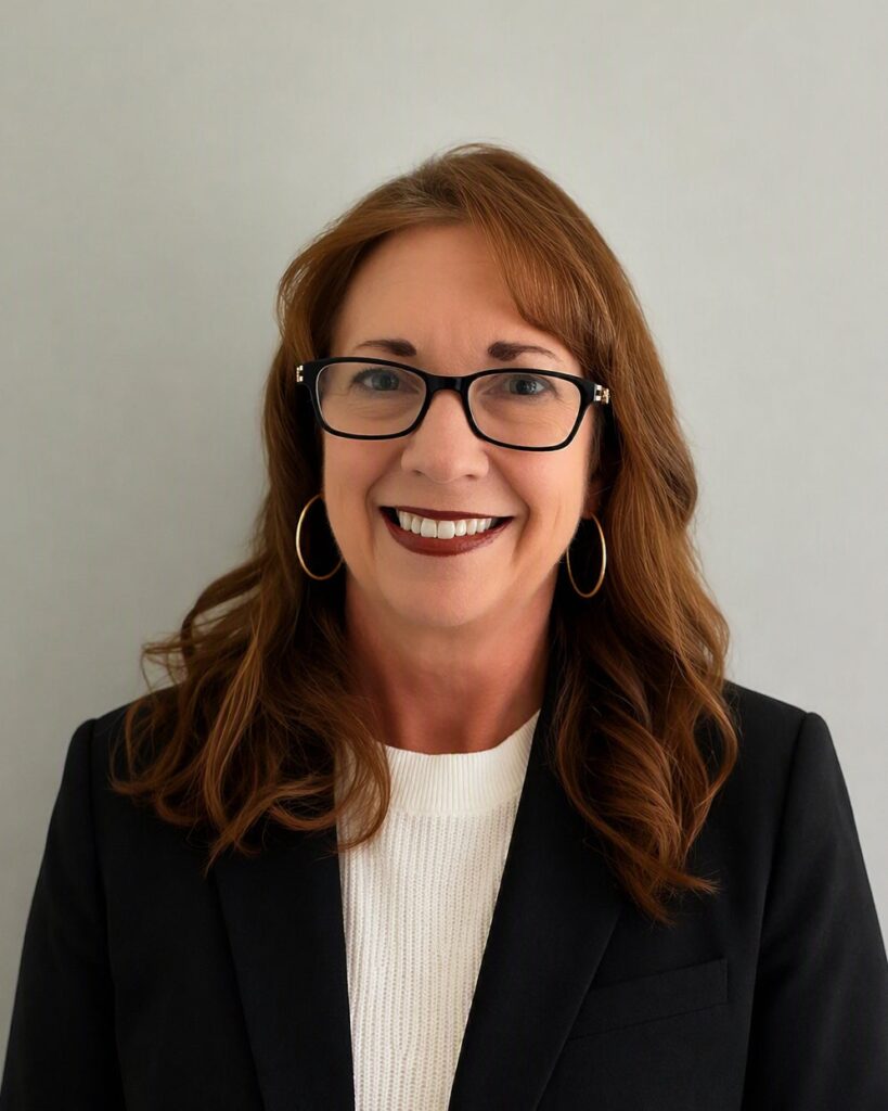 Portrait of Elizabeth Fallen wearing glasses, a black blazer, and a white sweater against a light gray background.