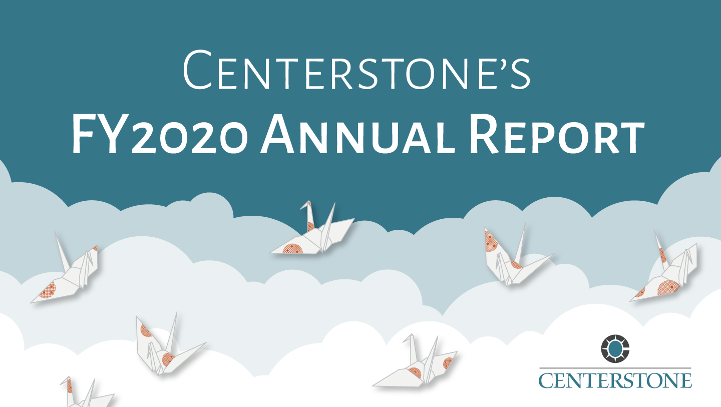 FY2020 annual report cover photo featuring paper cranes against blue sky and clouds