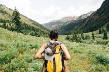 person carrying yellow backpack walking between green plants with hills in the distance