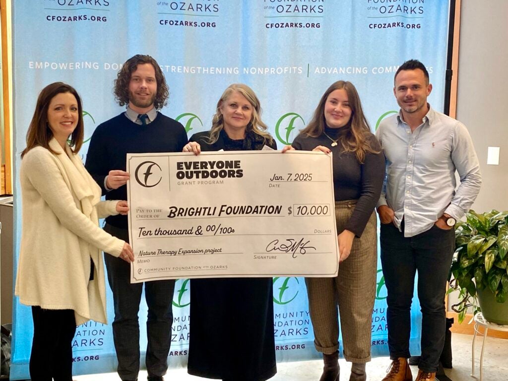 From left, Community Foundation of the Ozarks President and CEO Winter Kinne, Brightli Foundation grants manager Kevin Douglas, Brightli Foundation annual giving manager Jennifer Sickinger, 37 North Expeditions Program Director Allison Osredker and 37 North Expeditions Founder Danny Collins.