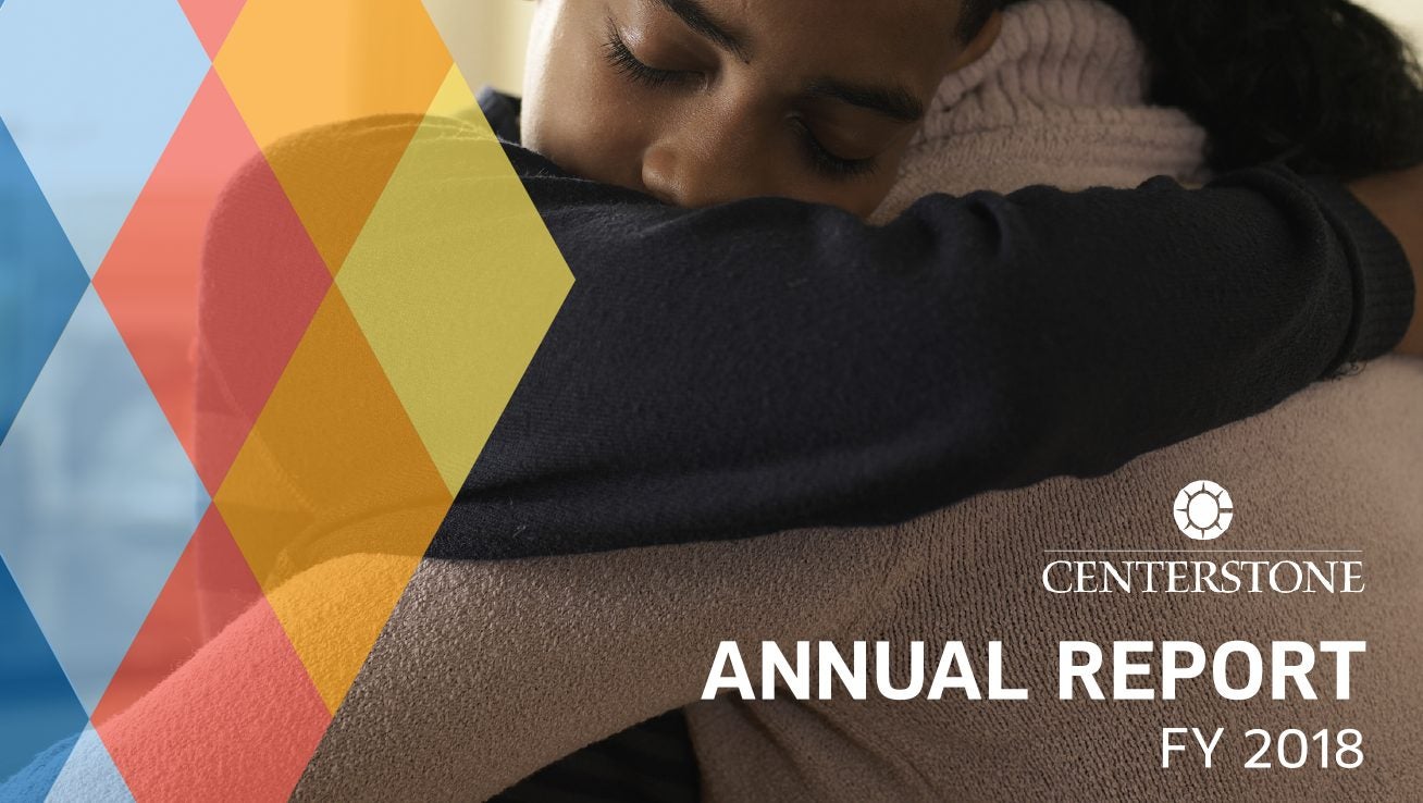 FY18 Annual Report Cover featuring preteen boy hugging adult woman