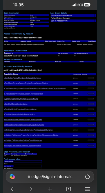 Edge sign-in details page with Remove all accounts near the bottom