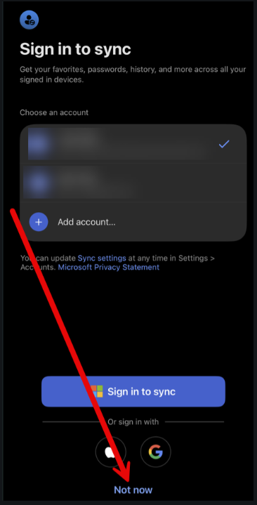 Edge Sign in to sync screen with an arrow pointing to Not now
